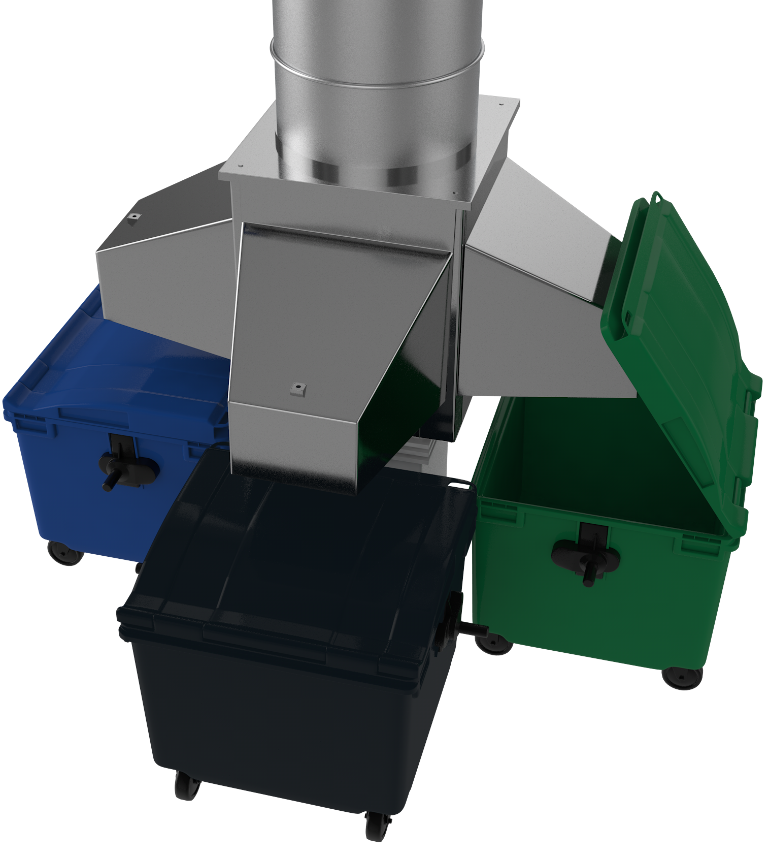 a garbage chute with three bins of different colors